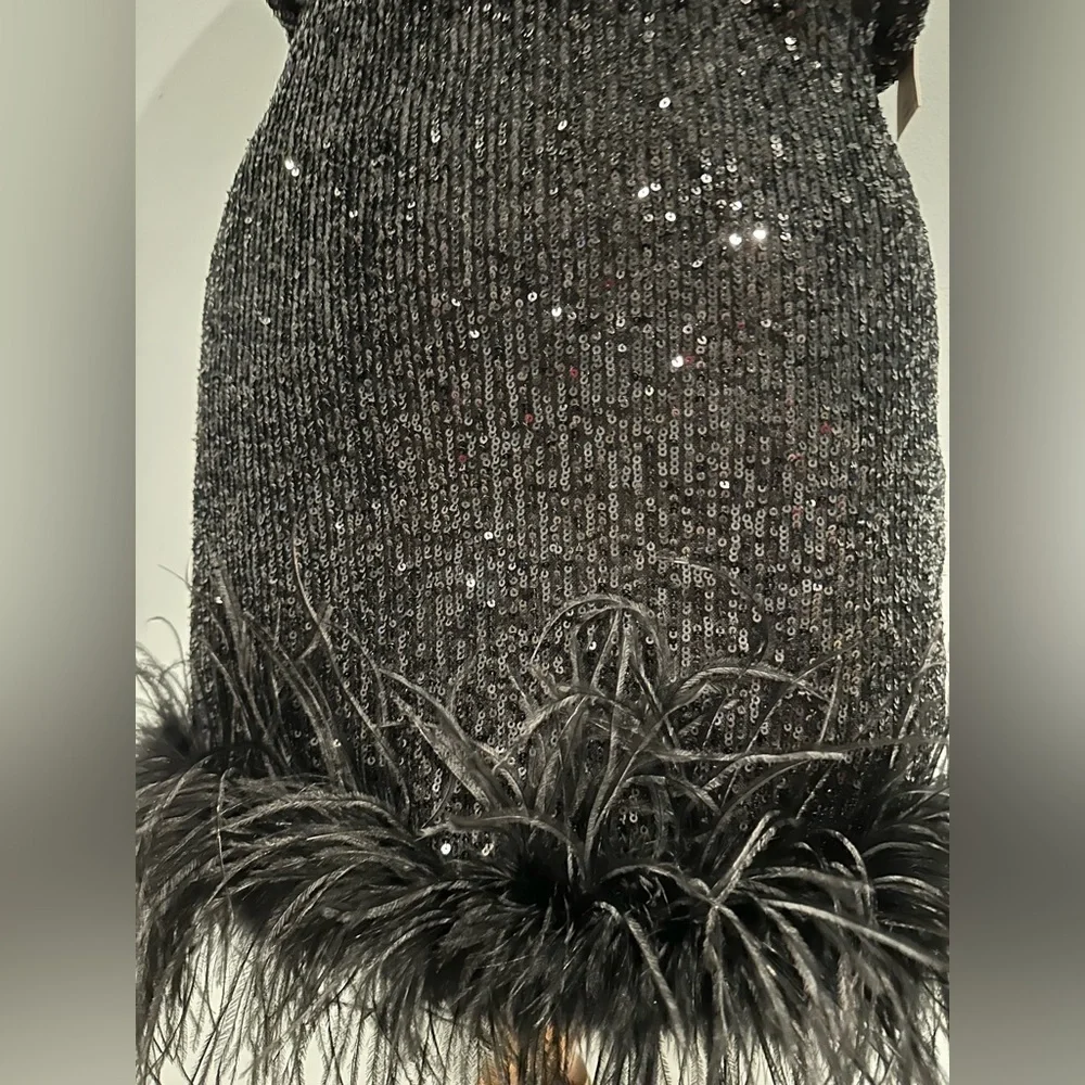 Eliza J Mock Neck Feather Hem Blouson Waist Sequin Sleeveless dress black 8P NWT - Picture 10 of 13